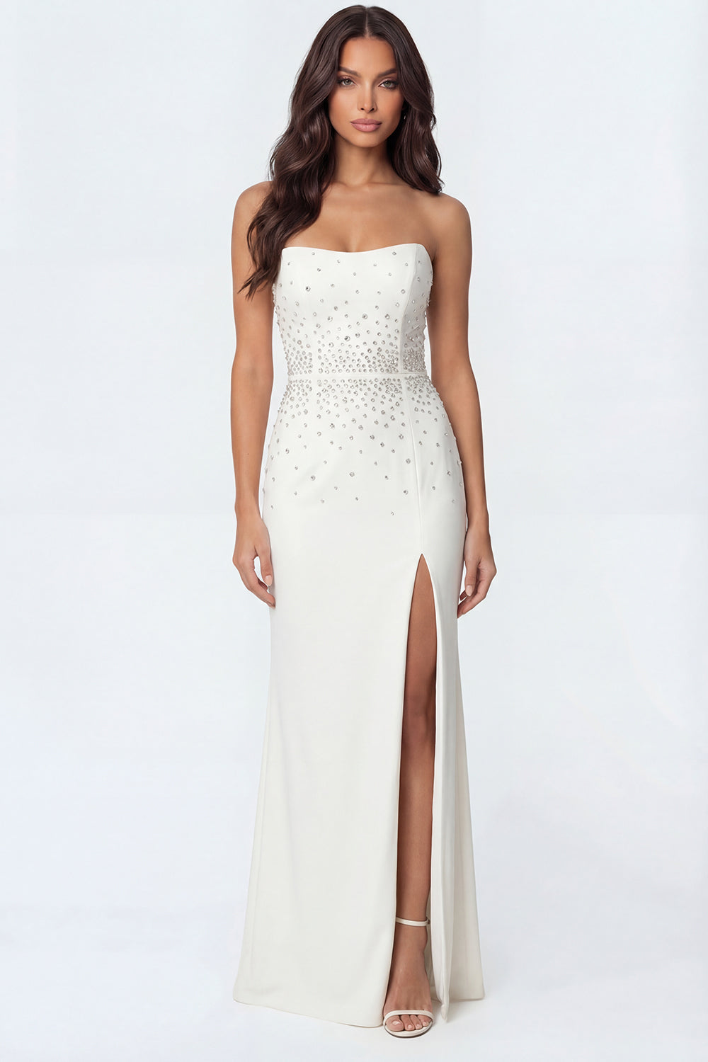 Leely Women Sparkly Beaded Ivory Maxi Wedding Reception Dress with Slit Mermaid Strapless Backless Engagement Dress