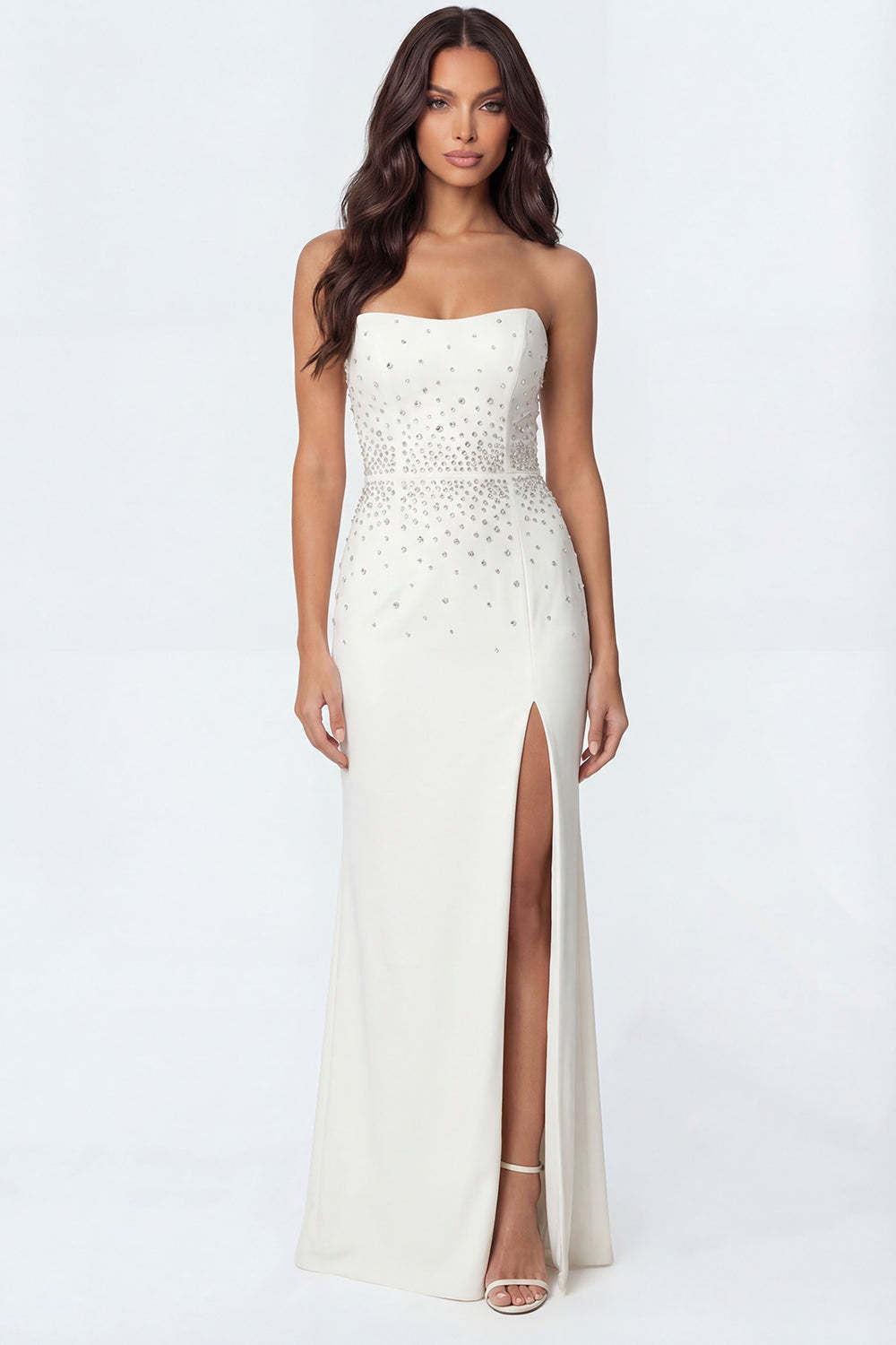 Leely Women Sparkly Beaded Ivory Maxi Wedding Reception Dress with Slit Mermaid Strapless Backless Engagement Dress