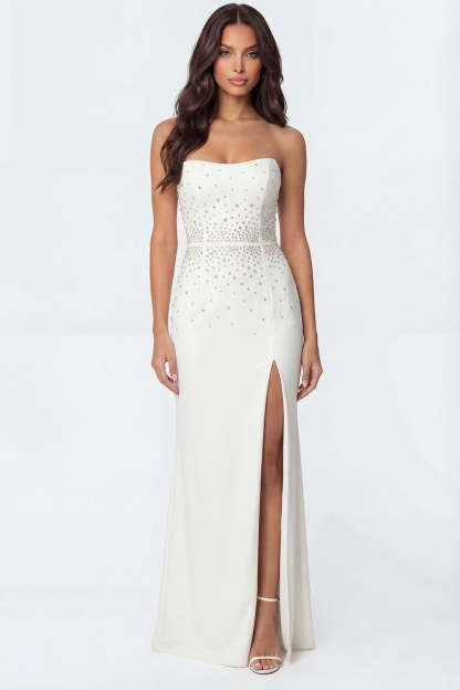 Leely Women Sparkly Beaded Ivory Maxi Wedding Reception Dress with Slit Mermaid Strapless Backless Engagement Dress
