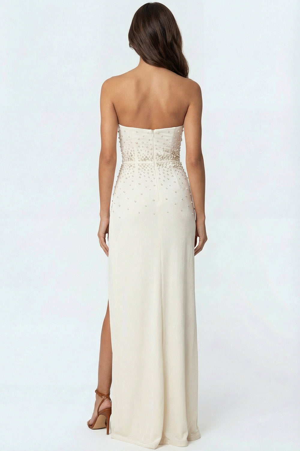 Sparkly Beaded Ivory Mermaid Strapless Maxi Wedding Reception Dress with Slit