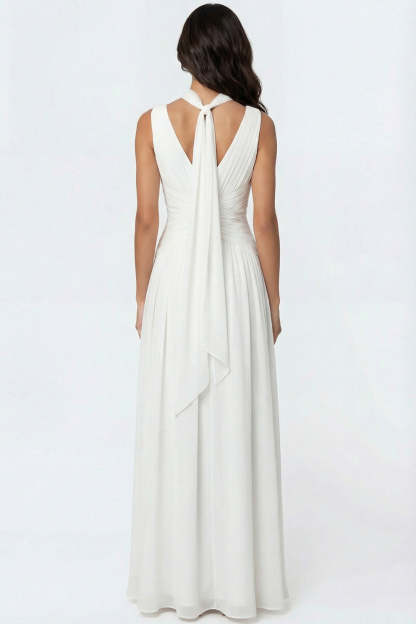 Ivory A Line Halter Neck Pleated Maxi Wedding Reception Dress