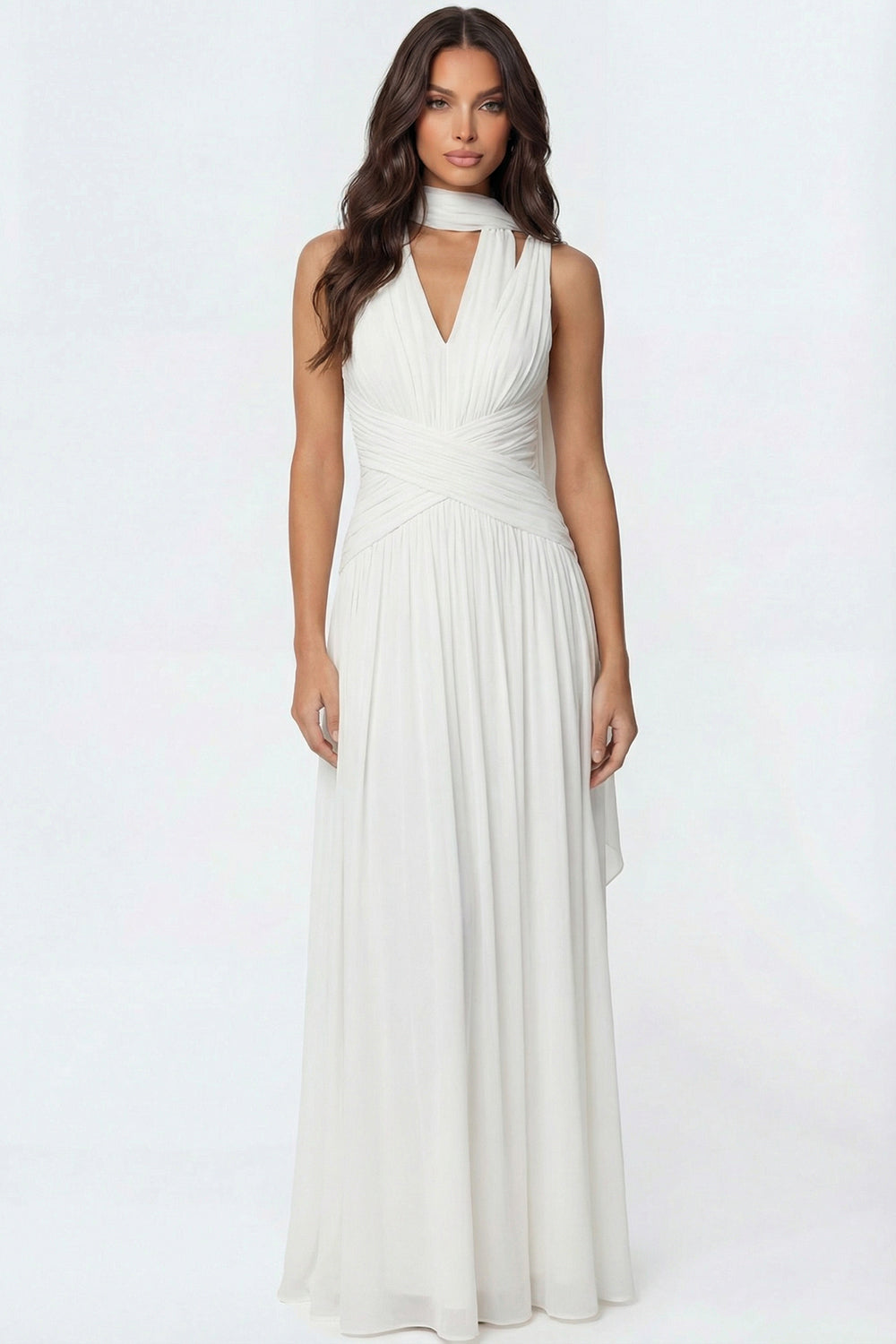 Leely Women Ivory A Line Pleated Maxi Wedding Reception Dress Halter Neck Keyhole Sleeveless Engagement Dress