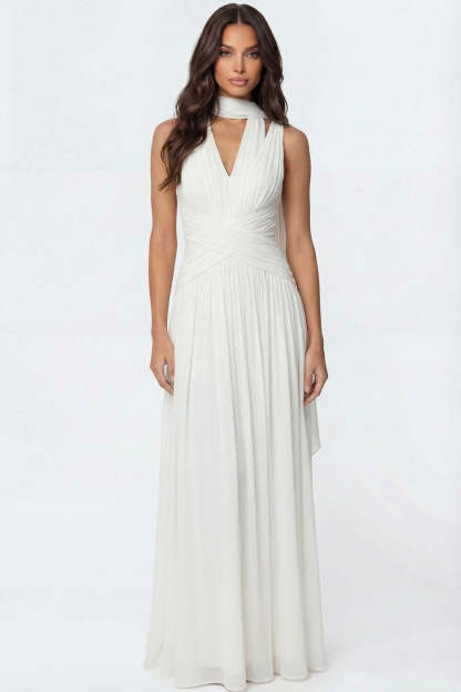 Leely Women Ivory A Line Pleated Maxi Wedding Reception Dress Halter Neck Keyhole Sleeveless Engagement Dress