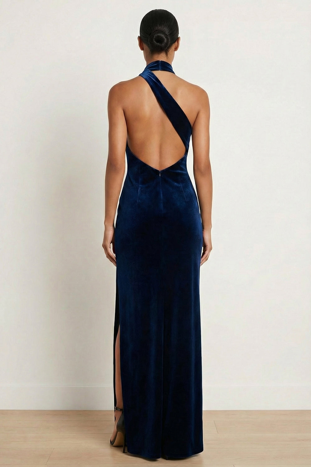 Navy Mermaid Halter Neck Maxi Formal Dress with Slit