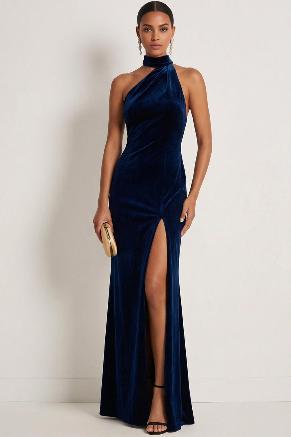Leely Women Navy Mermaid Halter Neck Maxi Formal Dress with Slit Backless Sleeveless Wedding Guest Dress