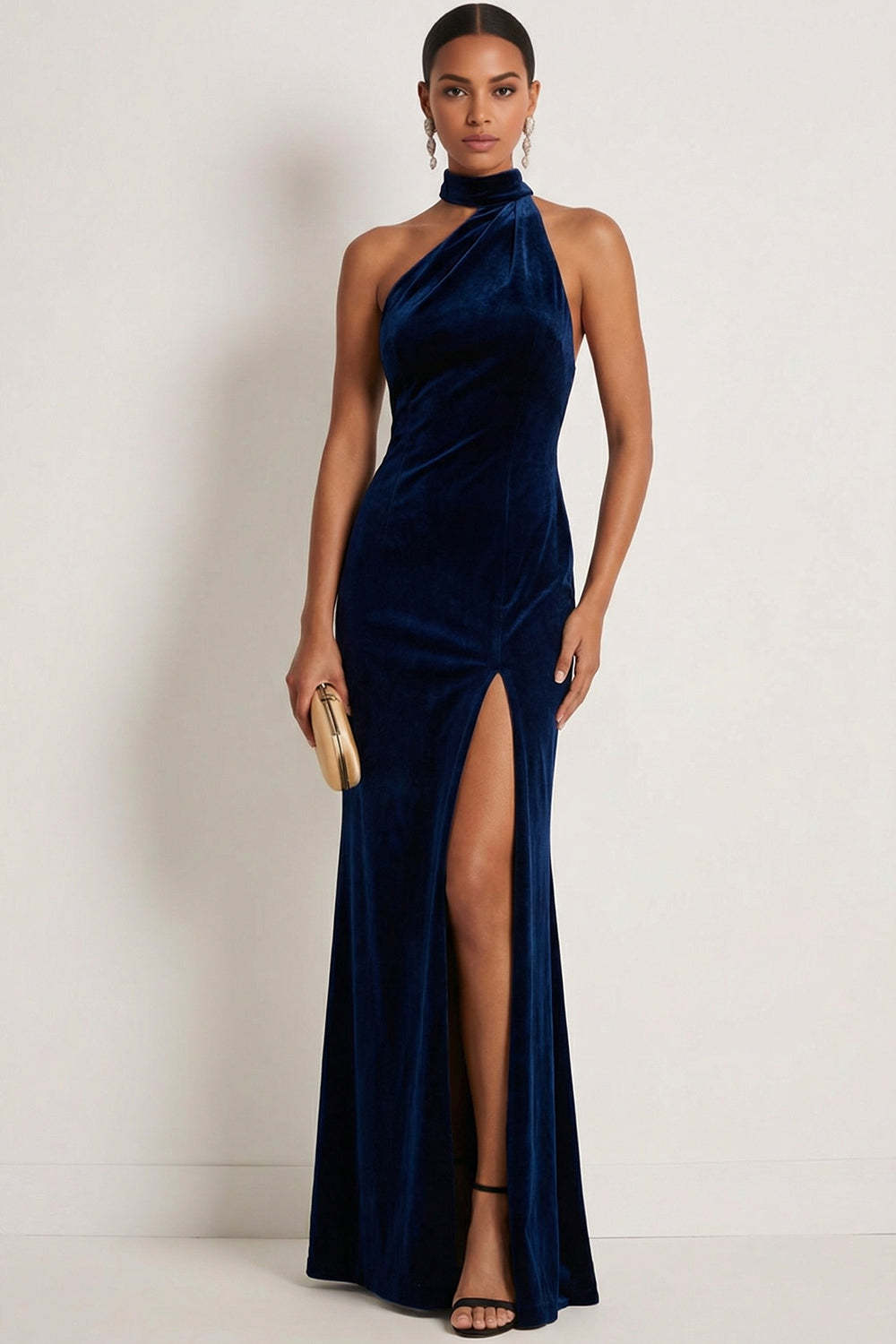 Leely Women Navy Mermaid Halter Neck Maxi Formal Dress with Slit Backless Sleeveless Wedding Guest Dress
