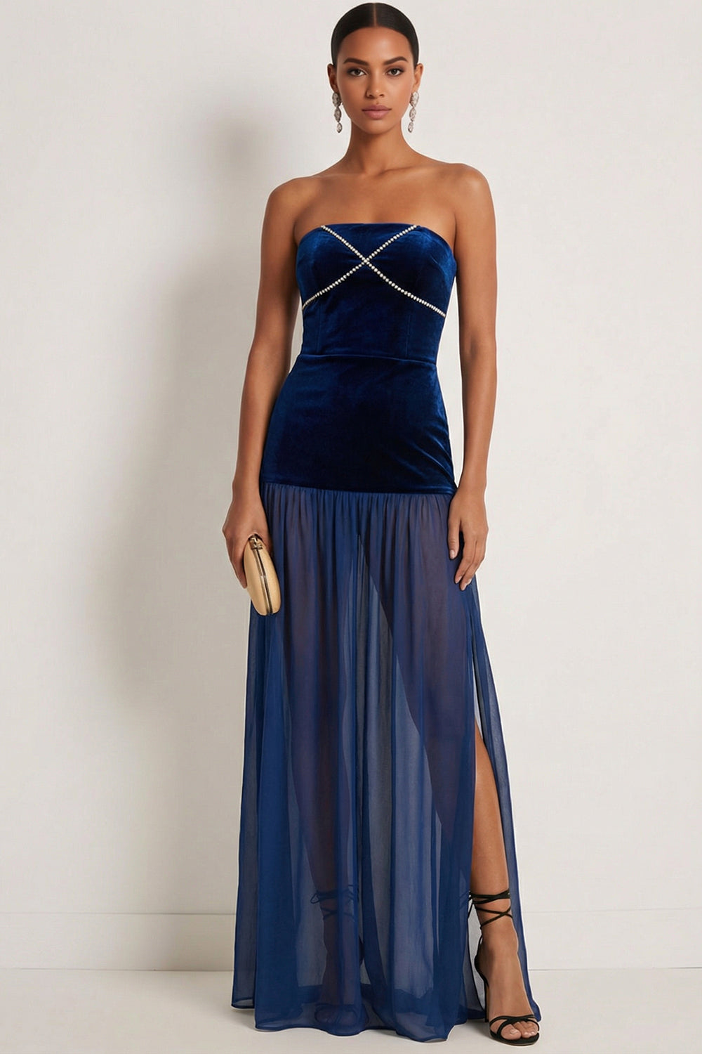 Leely Women Navy A Line Beaded Maxi Formal Dress with Slit Strapless Backless Wedding Guest Dress