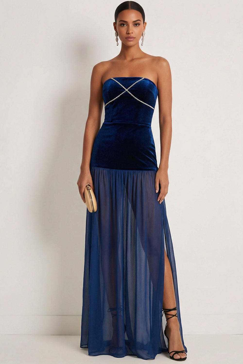 Leely Women Navy A Line Beaded Maxi Formal Dress with Slit Strapless Backless Wedding Guest Dress