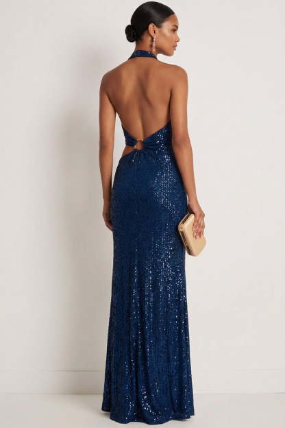 Sparkly Sequined Navy Mermaid Halter Neck Maxi Gala Dress with Slit