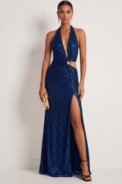Leely Women Sparkly Sequined Navy Mermaid Maxi Gala Dress with Slit Halter Neck Backless Sleeveless Wedding Guest Dress