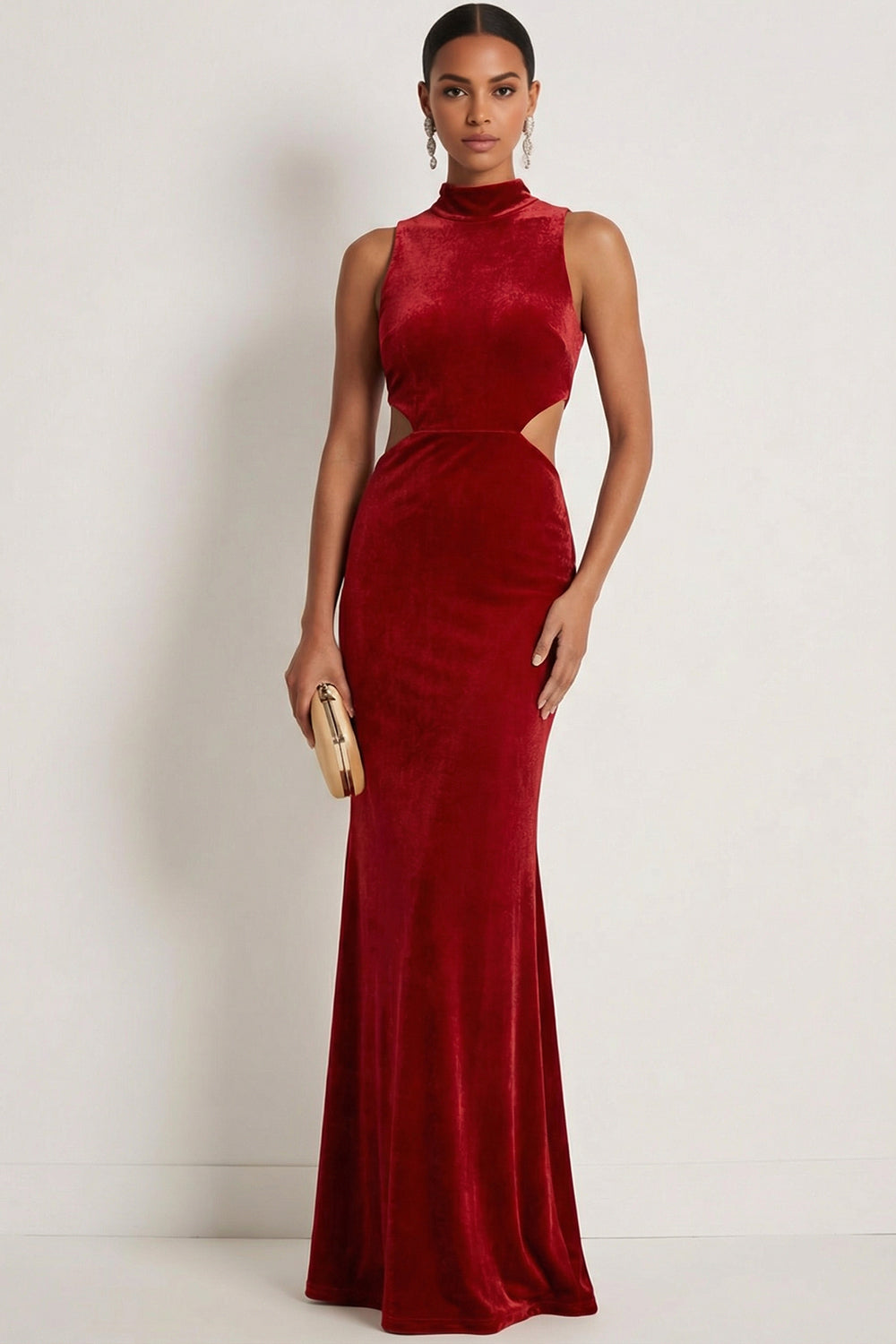 Leely Women Dark Red Mermaid Maxi Gala Dress High Neck Sleeveless Cut Out Formal Dress
