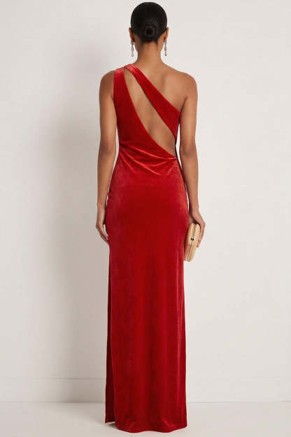 Dark Red Mermaid One Shoulder Keyhole Maxi Formal Dress with Slit