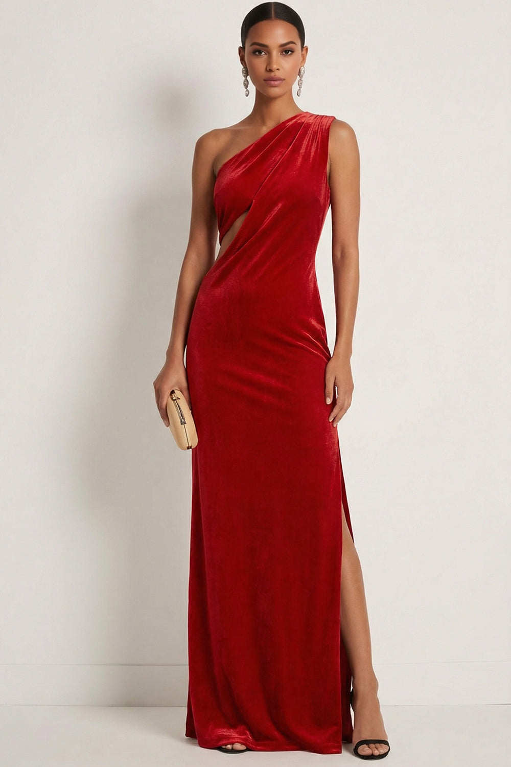 Dark Red Mermaid One Shoulder Keyhole Maxi Formal Dress with Slit