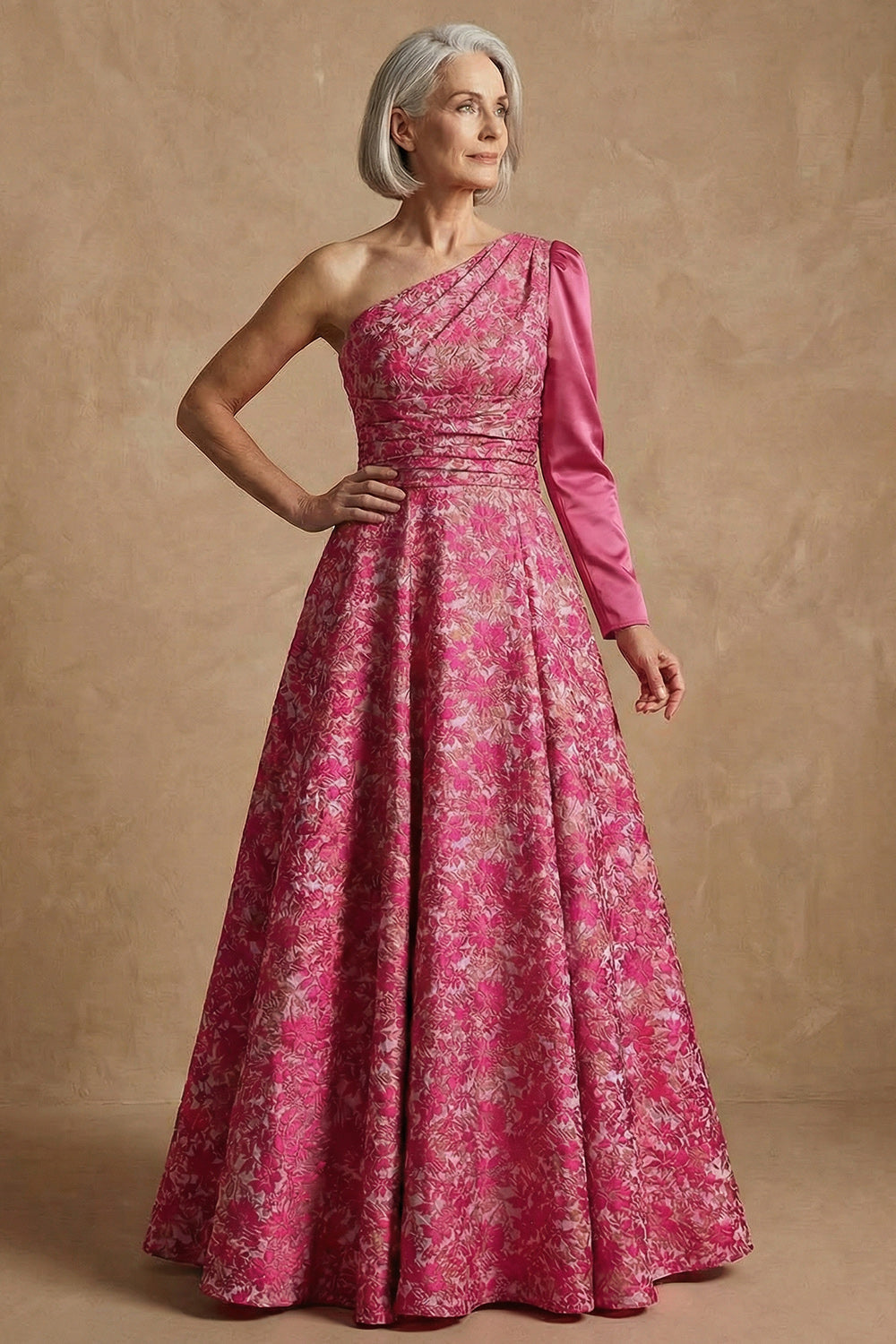 Fuchsia One Shoulder Floral Long A Line Mother of the Bride Dress with Sleeves