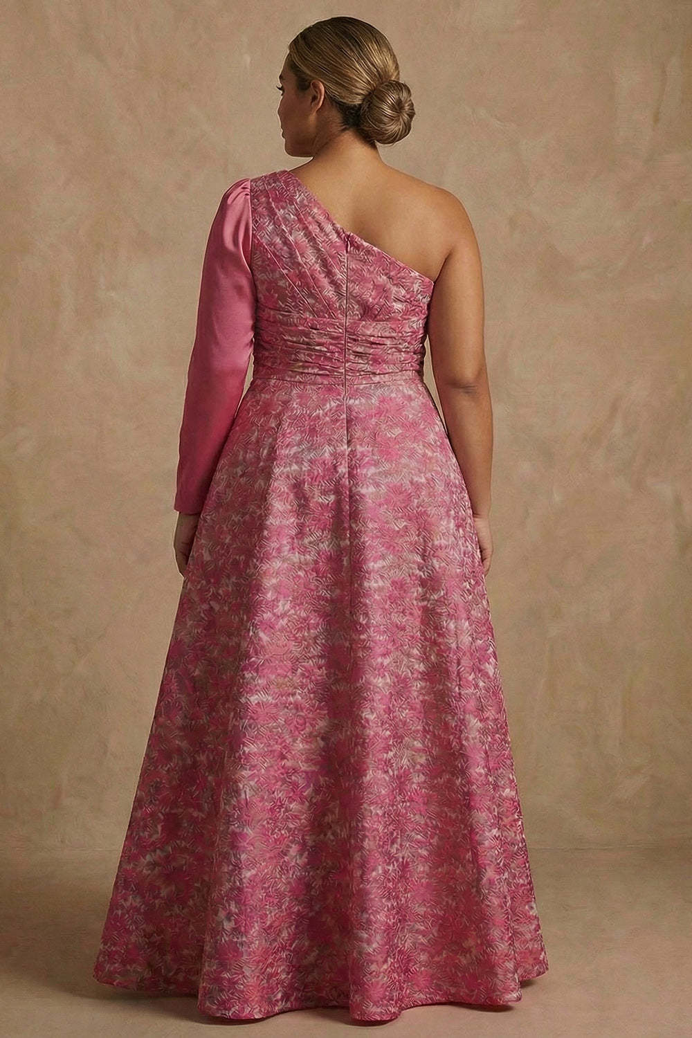 Fuchsia One Shoulder Floral Long A Line Mother of the Bride Dress with Sleeves