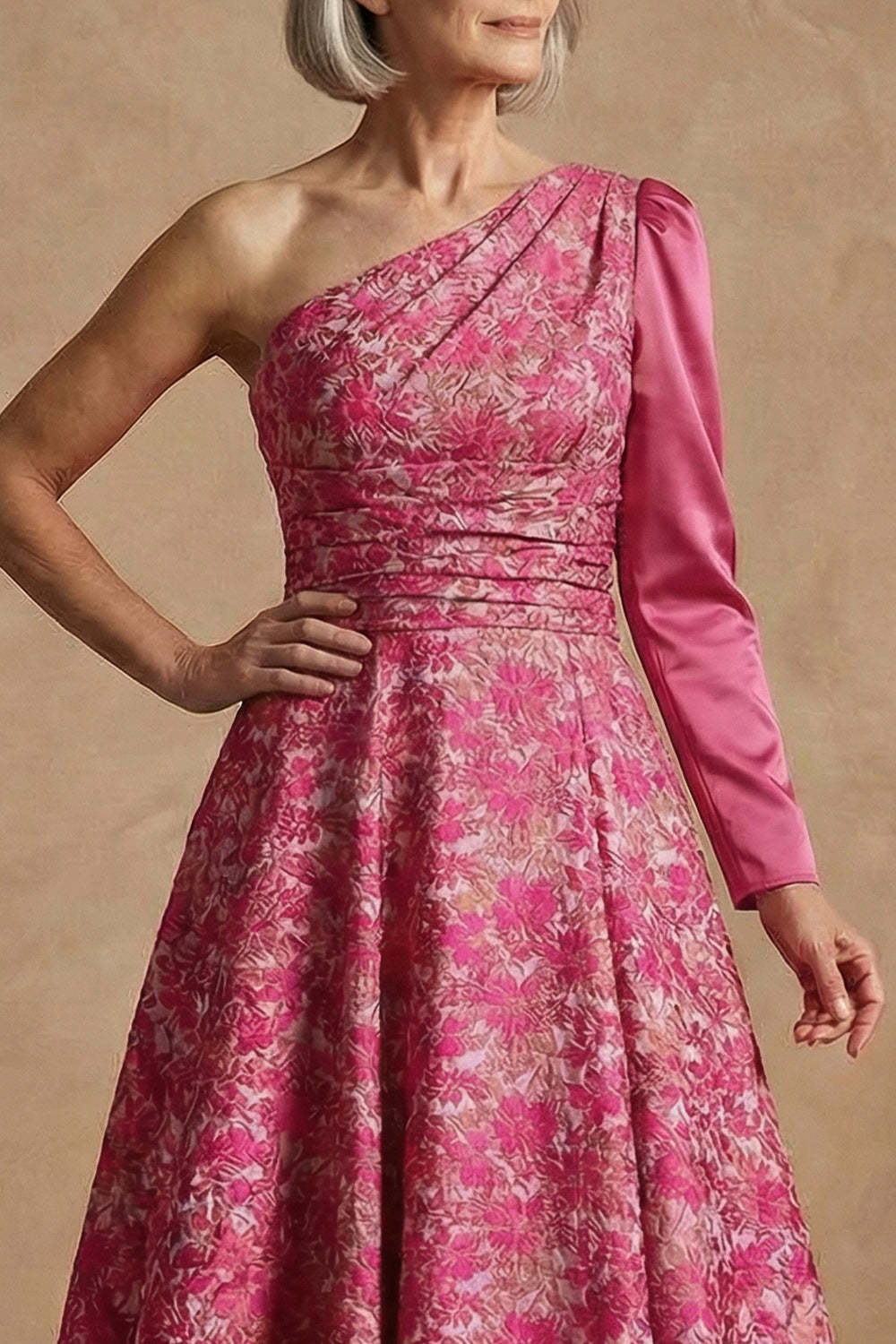 Fuchsia One Shoulder Floral Long A Line Mother of the Bride Dress with Sleeves