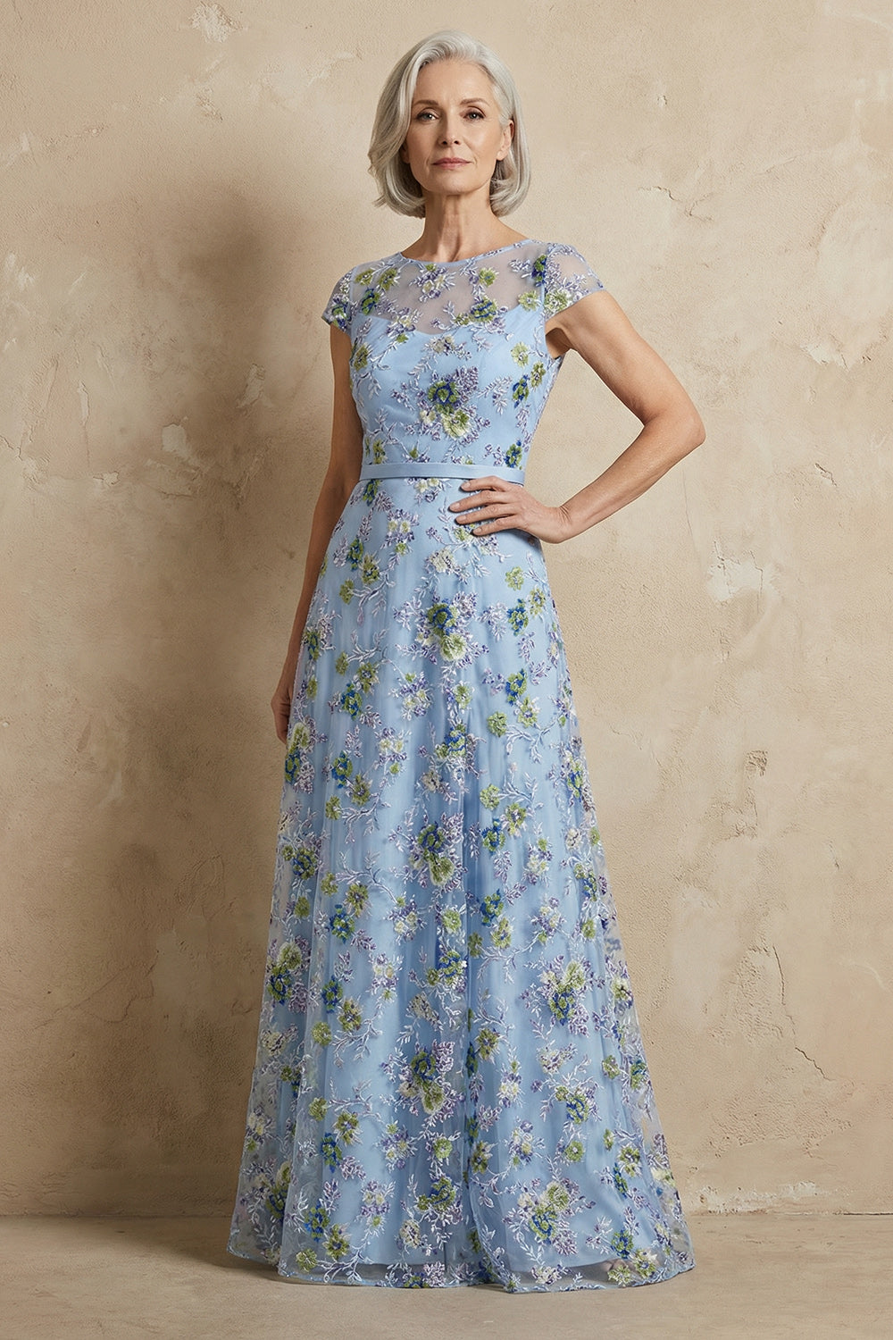 Leely Floral Women Blue Appliqued Long Mother of the Bride Dress Round Neck A Line Formal Dress