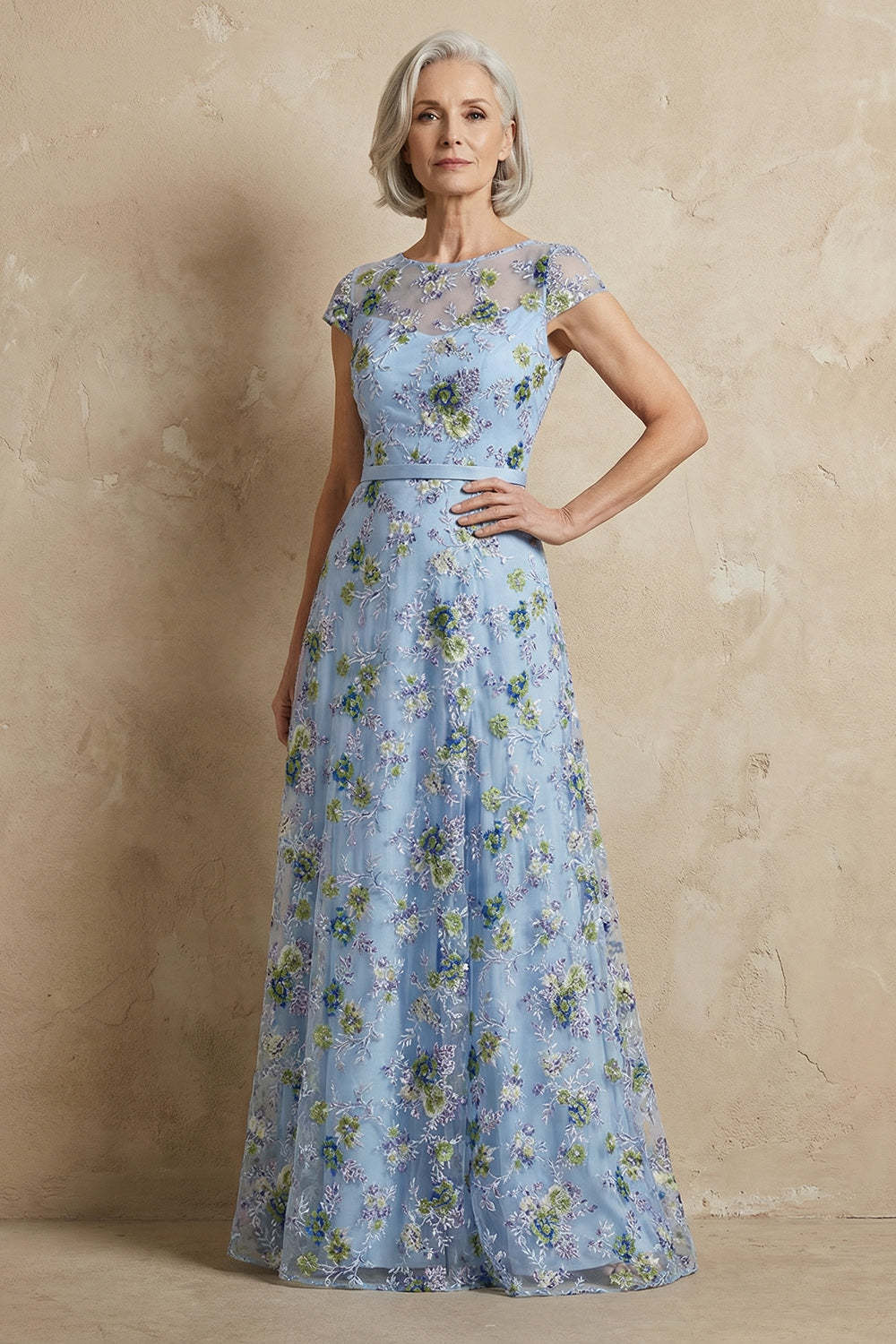 Leely Floral Women Blue Appliqued Long Mother of the Bride Dress Round Neck A Line Formal Dress