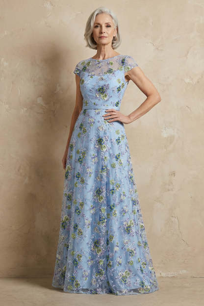 Leely Floral Women Blue Appliqued Long Mother of the Bride Dress Round Neck A Line Formal Dress