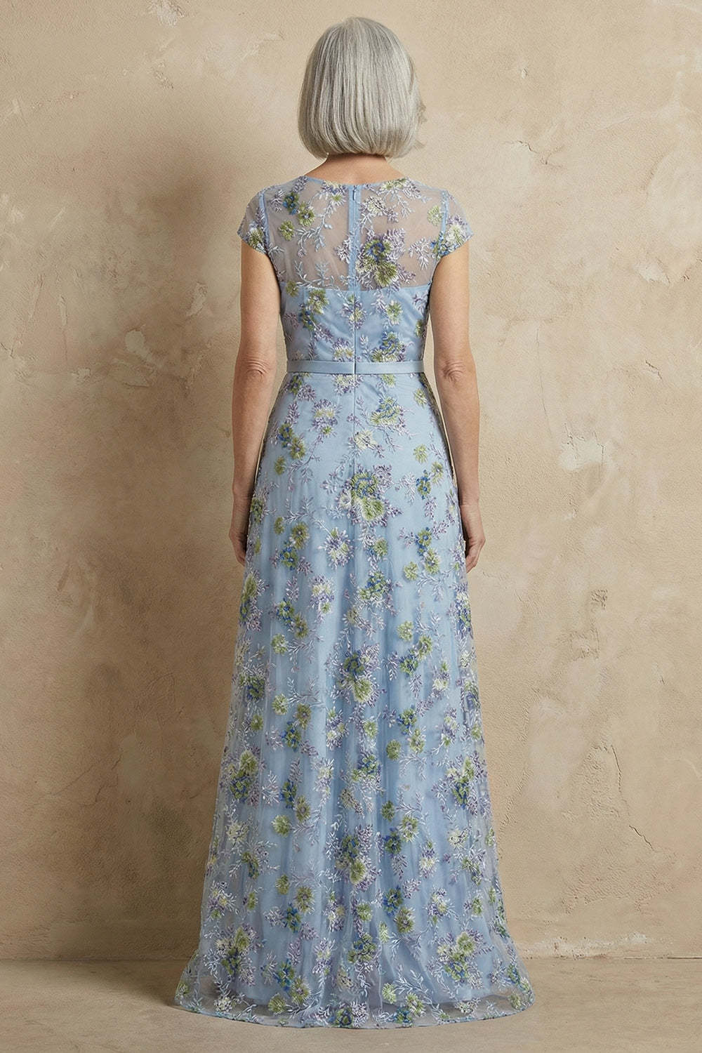 Blue Round Neck A Line Floral Appliqued Long Mother of the Bride Dress