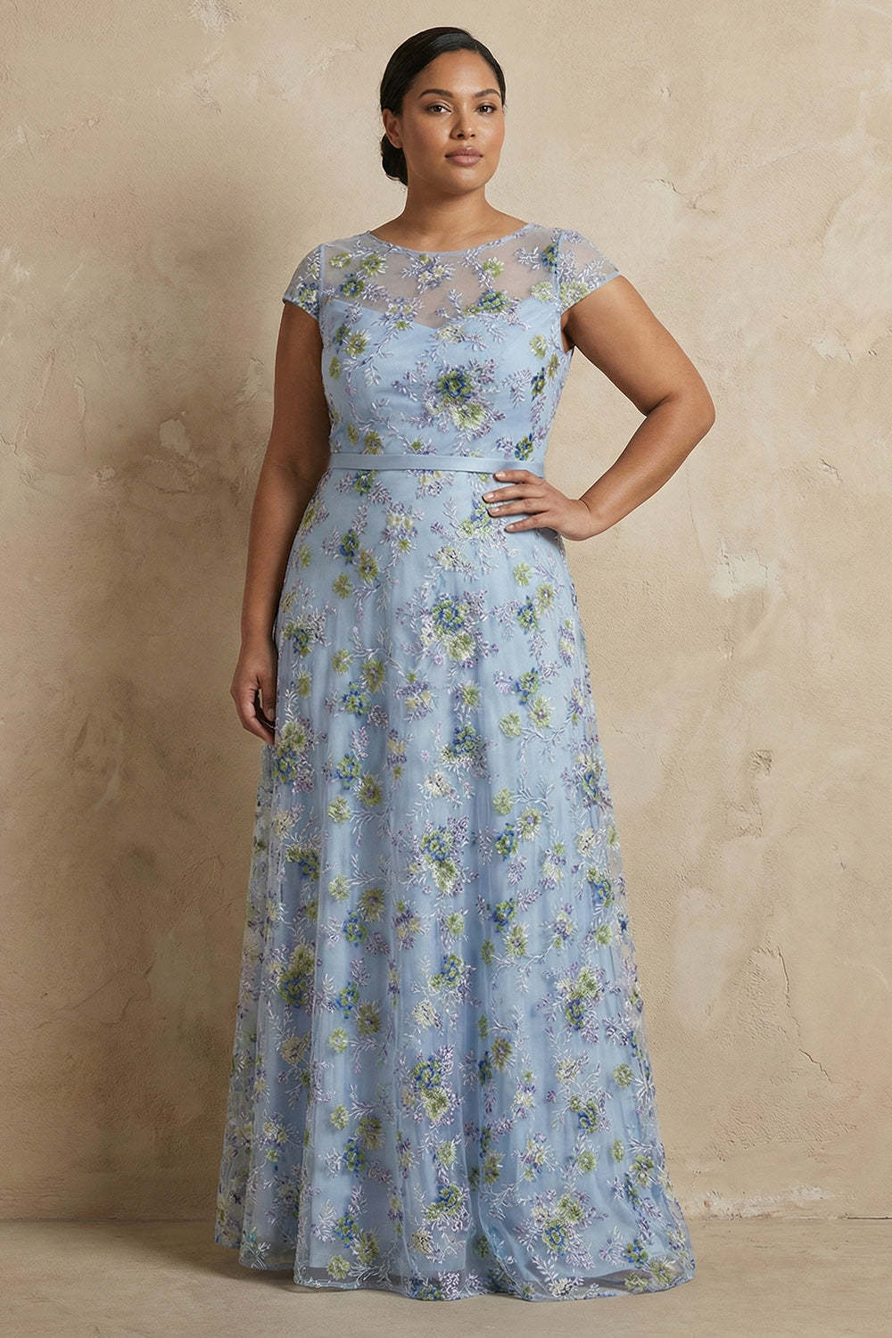 Blue Round Neck A Line Floral Appliqued Long Mother of the Bride Dress