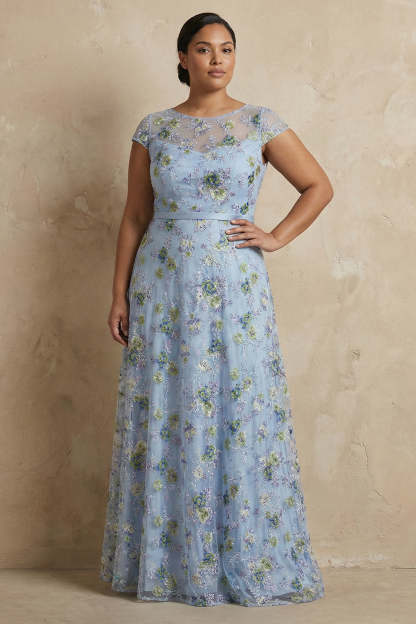 Blue Round Neck A Line Floral Appliqued Long Mother of the Bride Dress
