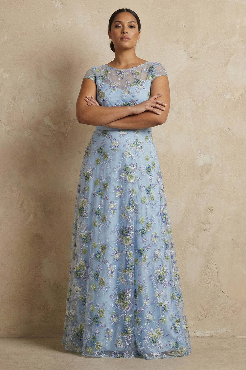 Blue Round Neck A Line Floral Appliqued Long Mother of the Bride Dress