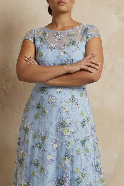 Blue Round Neck A Line Floral Appliqued Long Mother of the Bride Dress