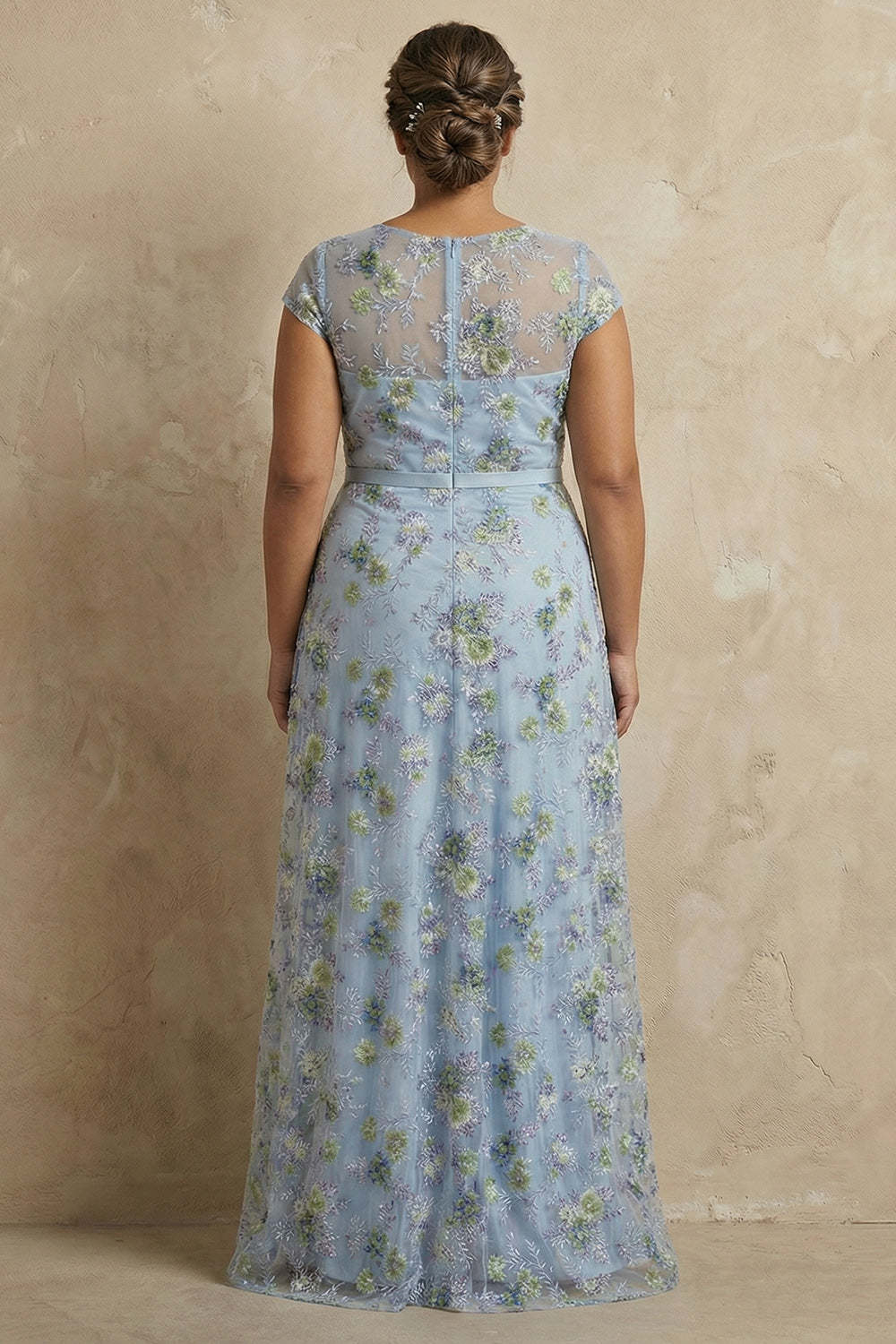 Blue Round Neck A Line Floral Appliqued Long Mother of the Bride Dress