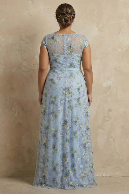 Blue Round Neck A Line Floral Appliqued Long Mother of the Bride Dress