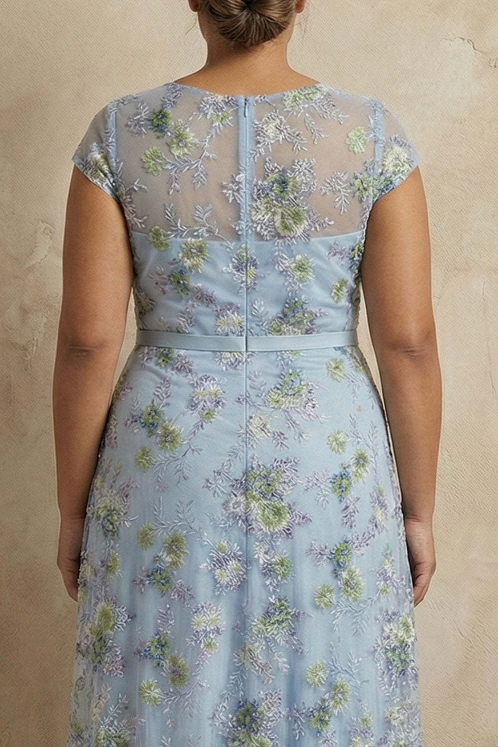 Blue Round Neck A Line Floral Appliqued Long Mother of the Bride Dress