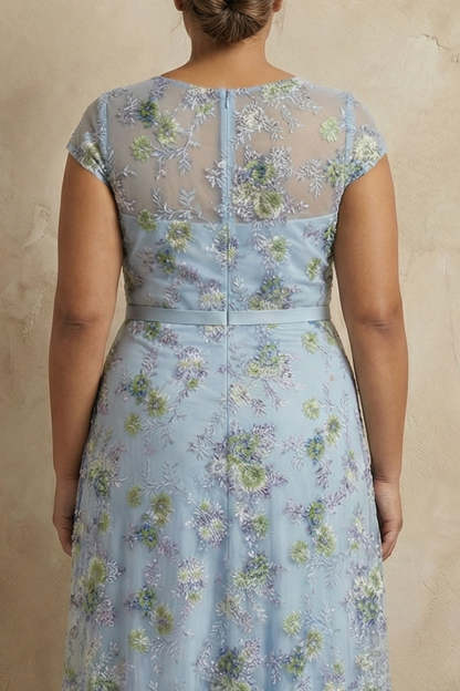 Blue Round Neck A Line Floral Appliqued Long Mother of the Bride Dress