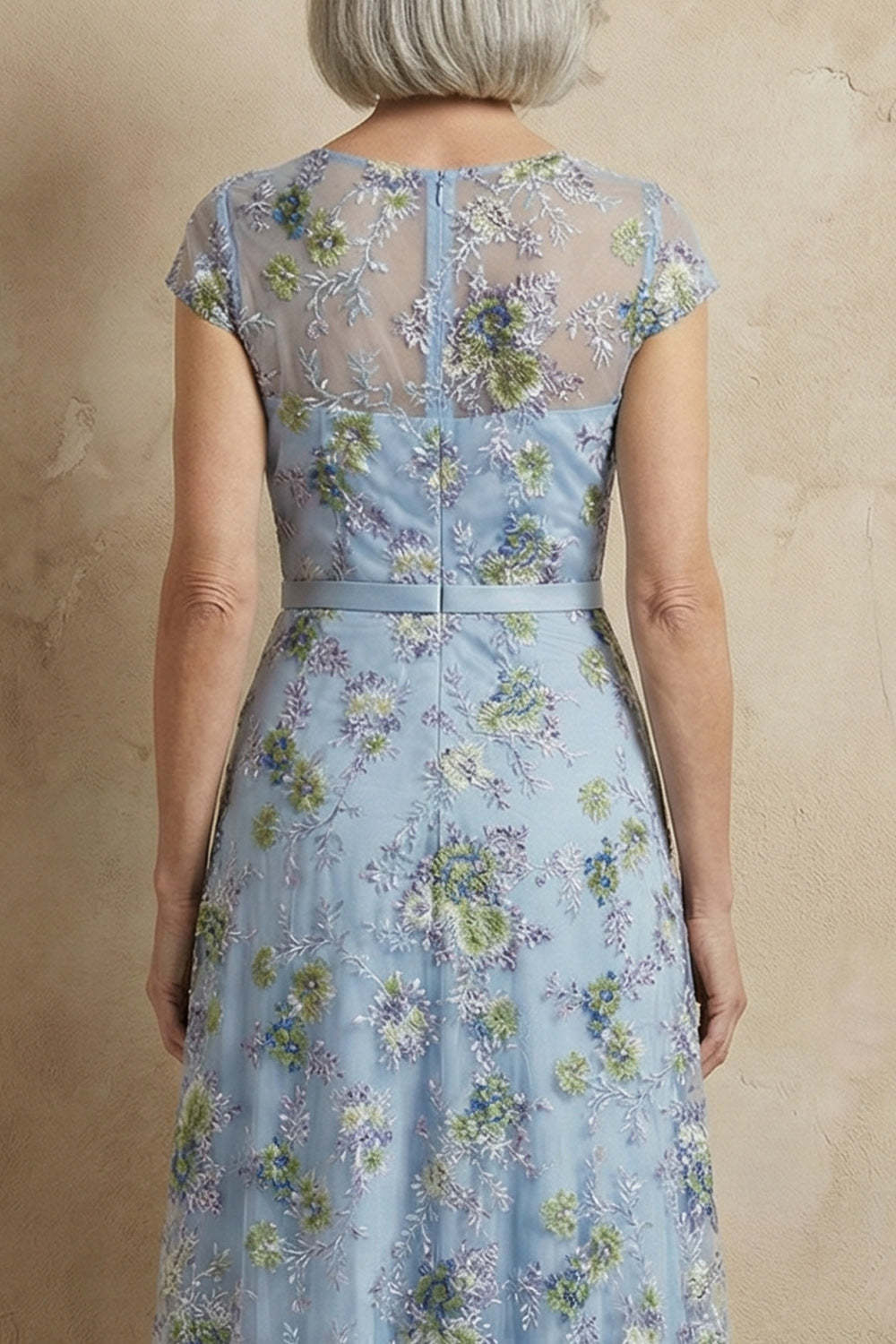 Blue Round Neck A Line Floral Appliqued Long Mother of the Bride Dress