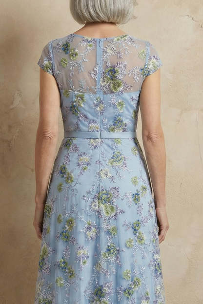 Blue Round Neck A Line Floral Appliqued Long Mother of the Bride Dress