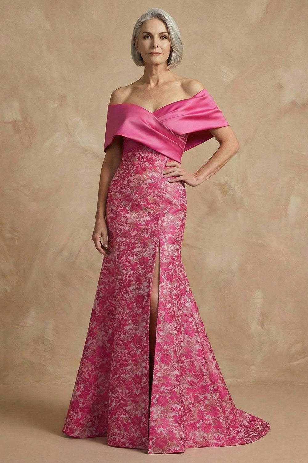 Leely Women Fuchsia Long Floral Mother of the Bride Dress with Slit Off the Shoulder Formal Dress