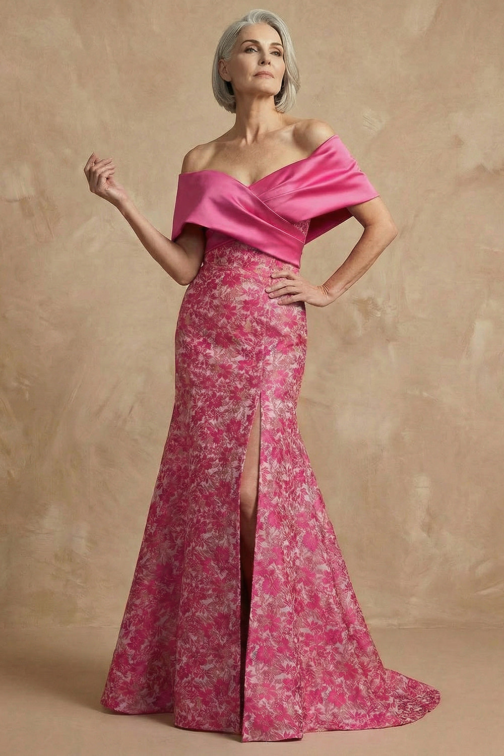 Floral Mermaid Fuchsia Long Off the Shoulder Mother of the Bride Dress with Slit
