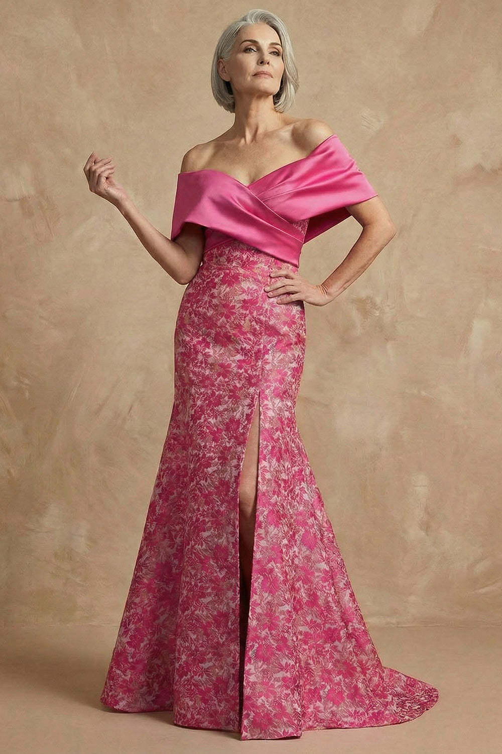 Floral Mermaid Fuchsia Long Off the Shoulder Mother of the Bride Dress with Slit