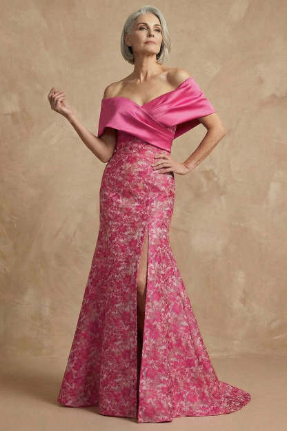 Floral Mermaid Fuchsia Long Off the Shoulder Mother of the Bride Dress with Slit