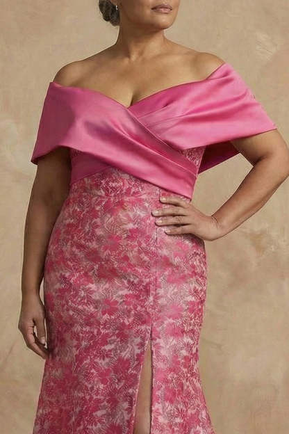 Floral Mermaid Fuchsia Long Off the Shoulder Mother of the Bride Dress with Slit