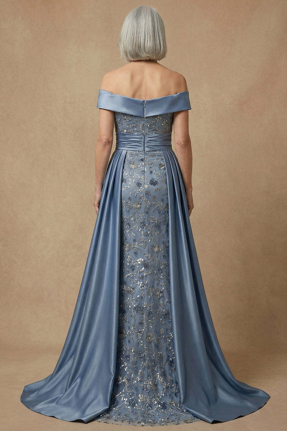 Dusty Blue Off the Shoulder Floral Long Appliqued Mother of the Bride Dress