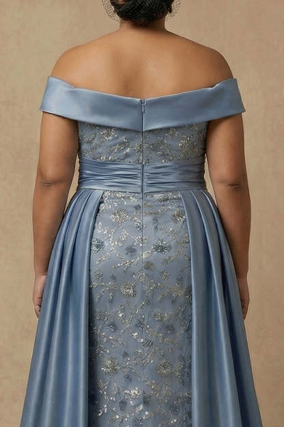 Dusty Blue Off the Shoulder Floral Long Appliqued Mother of the Bride Dress