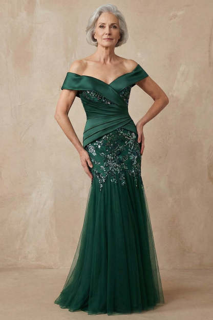 Leely Women Sparkly Appliqued Dark Green Long Mother of the Bride Dress Beaded Off the Shoulder Ruched Mermaid Formal Dress
