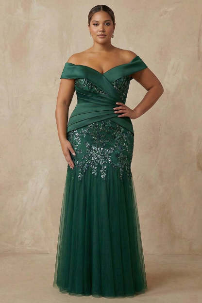 Dark Green Sparkly Floral Mermaid Long Mother of the Bride Dress with Appliques
