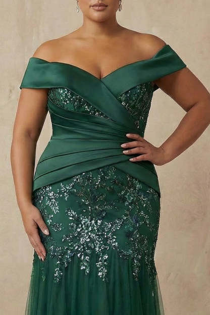 Dark Green Sparkly Floral Mermaid Long Mother of the Bride Dress with Appliques