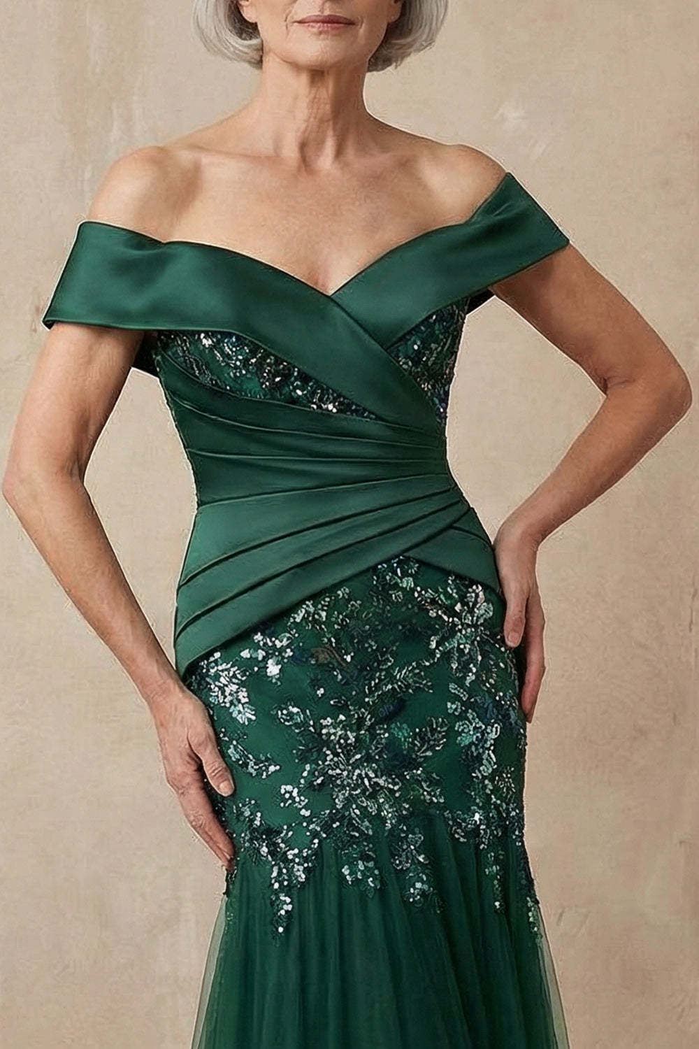 Dark Green Sparkly Floral Mermaid Long Mother of the Bride Dress with Appliques