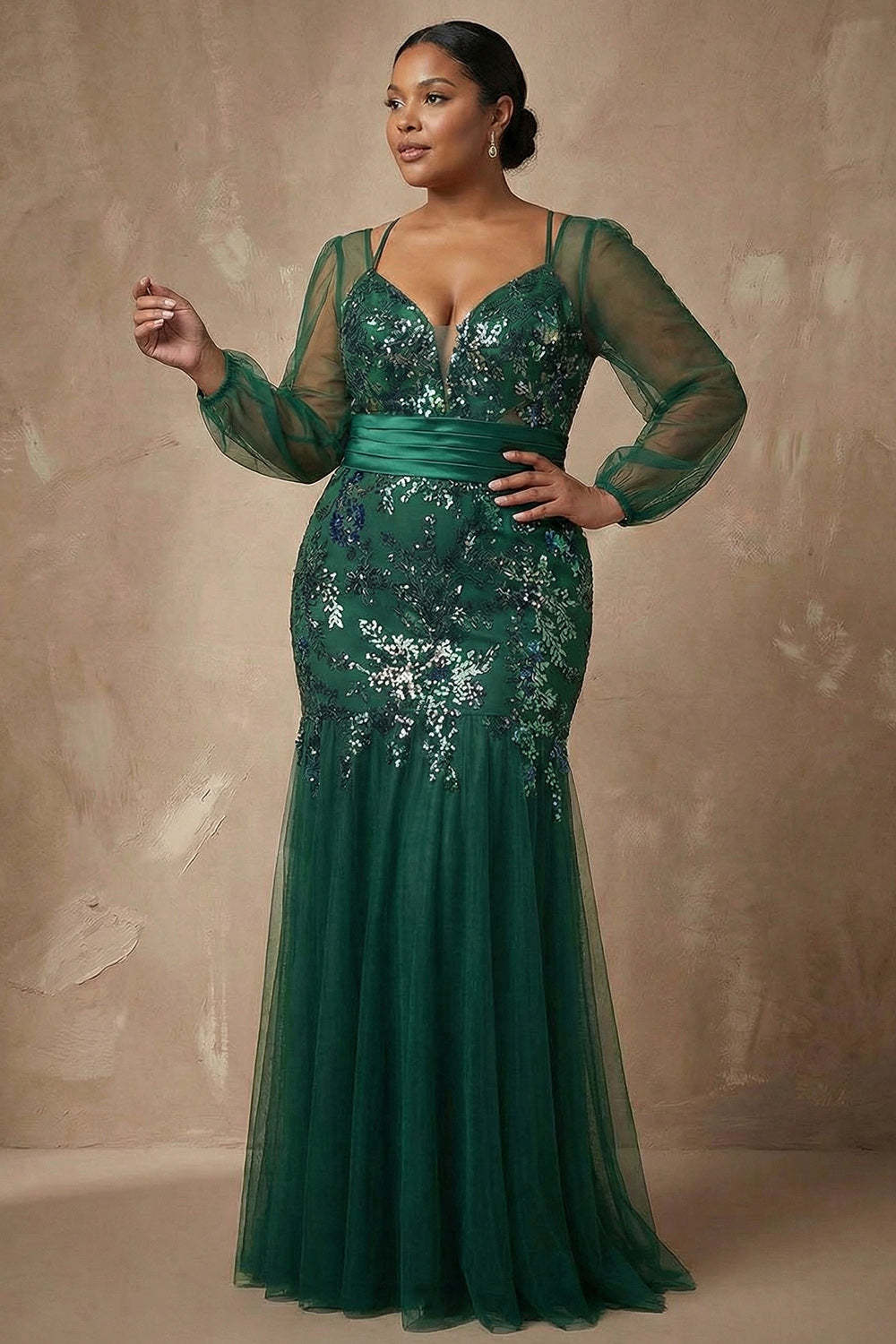 Dark Green Sparkly Appliqued Floral Mermaid Long Sleeves Mother of the Bride Dress