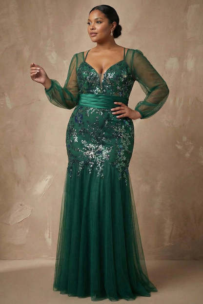Dark Green Sparkly Appliqued Floral Mermaid Long Sleeves Mother of the Bride Dress