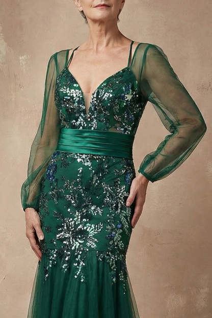 Dark Green Sparkly Appliqued Floral Mermaid Long Sleeves Mother of the Bride Dress