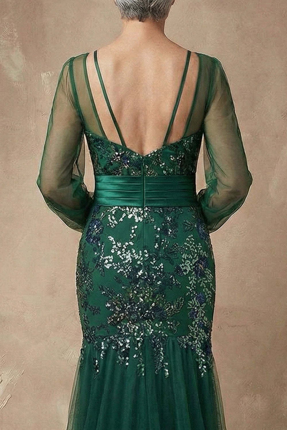 Dark Green Sparkly Appliqued Floral Mermaid Long Sleeves Mother of the Bride Dress