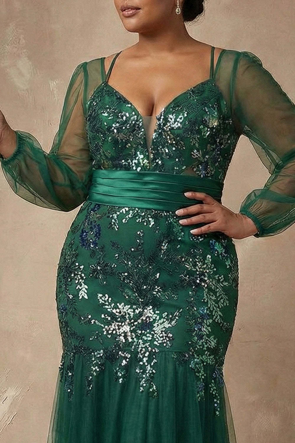 Dark Green Sparkly Appliqued Floral Mermaid Long Sleeves Mother of the Bride Dress